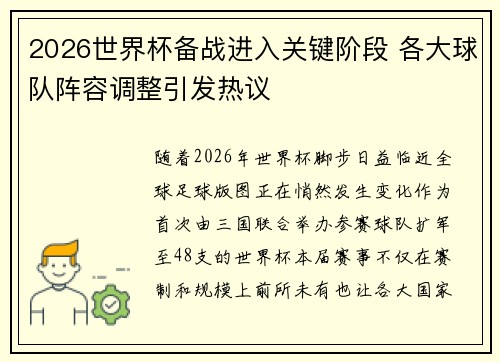 2026世界杯备战进入关键阶段 各大球队阵容调整引发热议 2026世界杯备战进入关键阶段 各大球队阵容调整引发热议